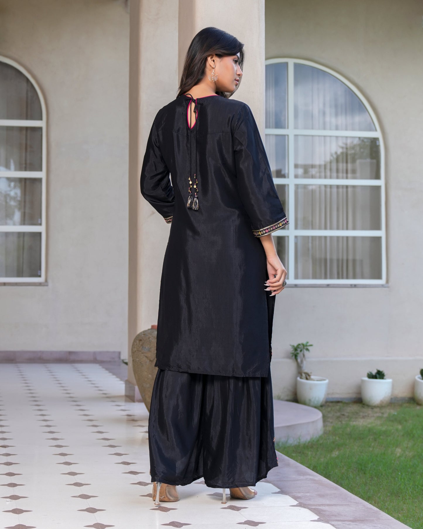 Womens Black Color Embroidery Staright Kurta Sharara With Dupatta Set