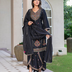 Womens Black Color Embroidery Staright Kurta Sharara With Dupatta Set