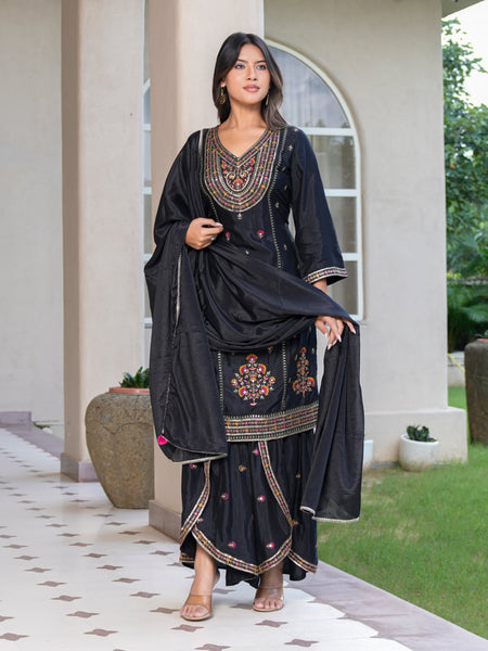 Womens Black Color Embroidery Staright Kurta Sharara With Dupatta Set