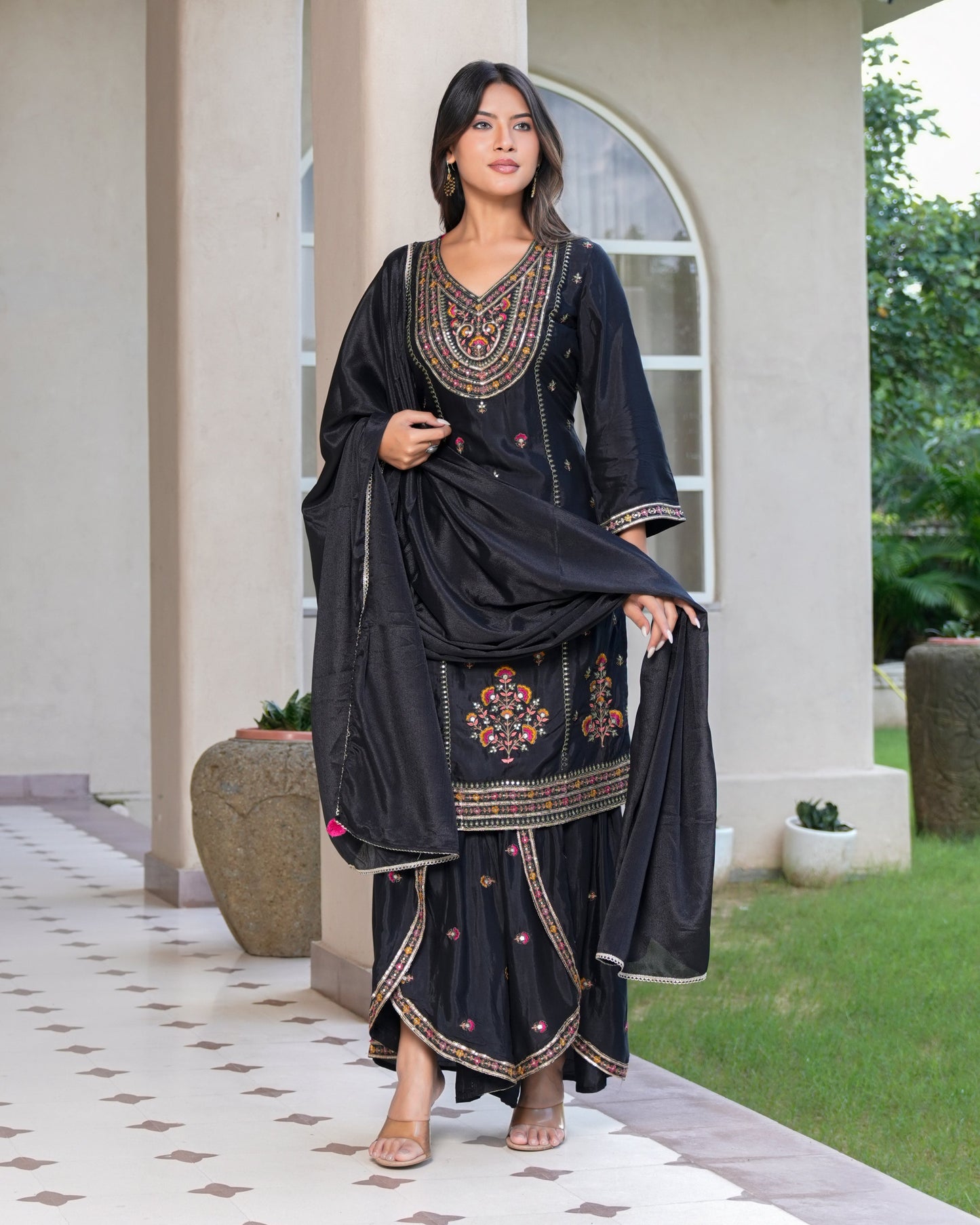Womens Black Color Embroidery Staright Kurta Sharara With Dupatta Set