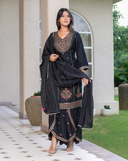 Womens Black Color Embroidery Staright Kurta Sharara With Dupatta Set