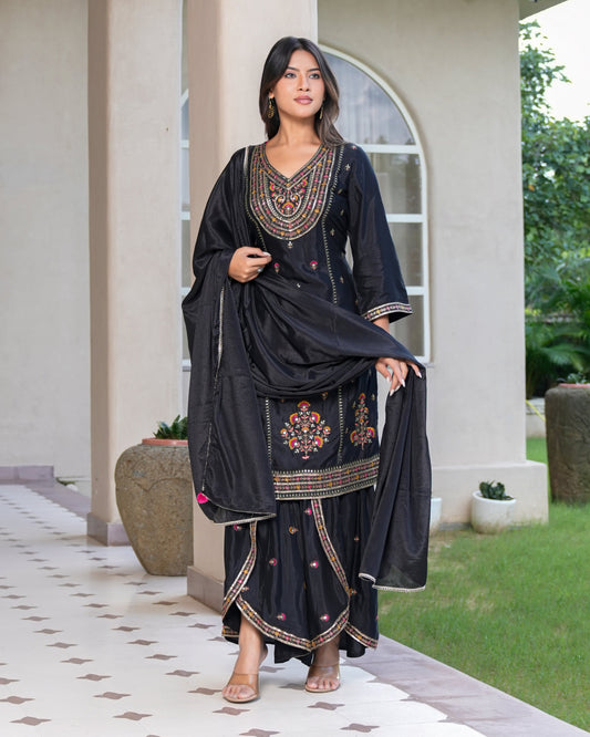Womens Black Color Embroidery Staright Kurta Sharara With Dupatta Set