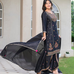 Womens Black Color Embroidery Staright Kurta Sharara With Dupatta Set