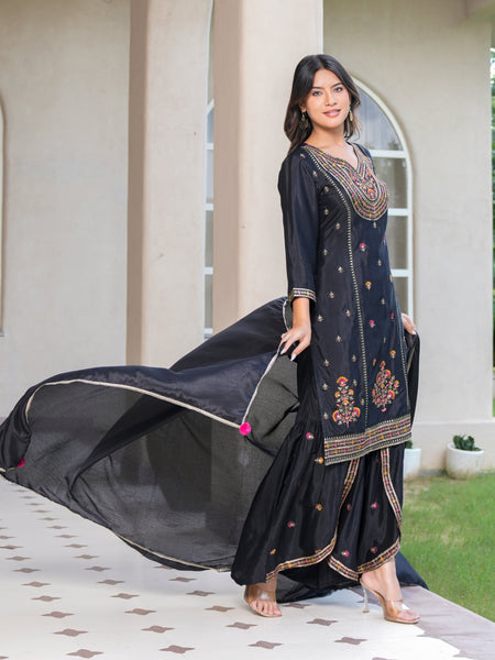 Womens Black Color Embroidery Staright Kurta Sharara With Dupatta Set