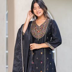 Womens Black Color Embroidery Staright Kurta Sharara With Dupatta Set