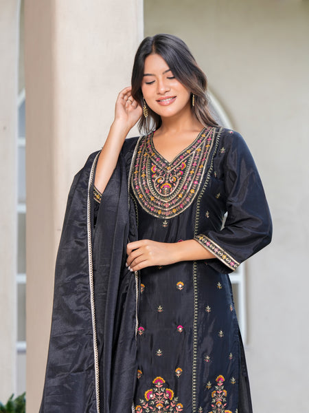Womens Black Color Embroidery Staright Kurta Sharara With Dupatta Set
