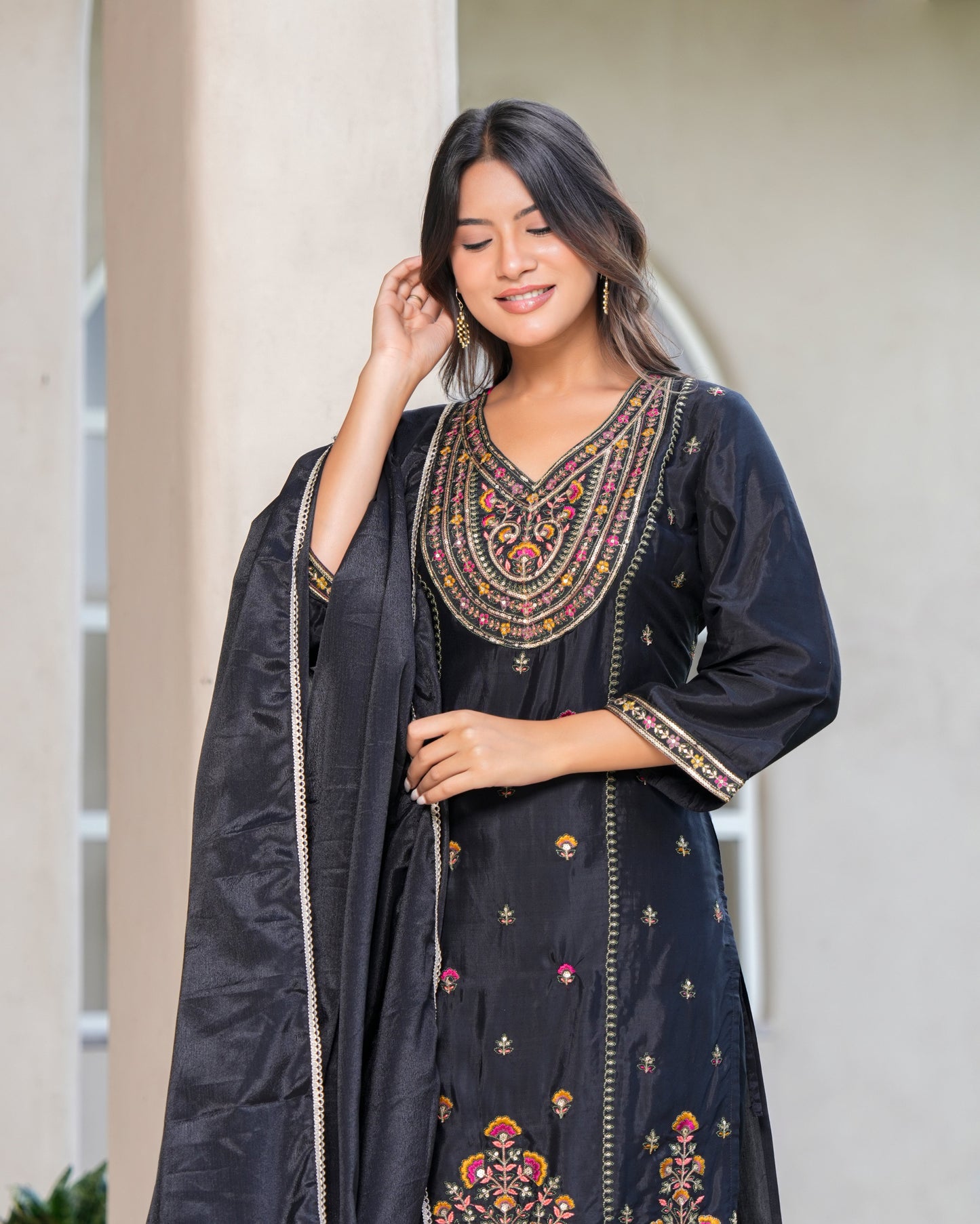 Womens Black Color Embroidery Staright Kurta Sharara With Dupatta Set