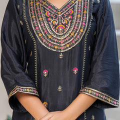 Womens Black Color Embroidery Staright Kurta Sharara With Dupatta Set