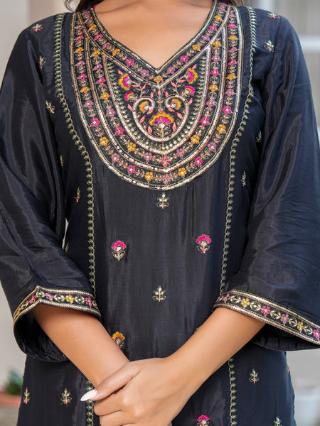 Womens Black Color Embroidery Staright Kurta Sharara With Dupatta Set