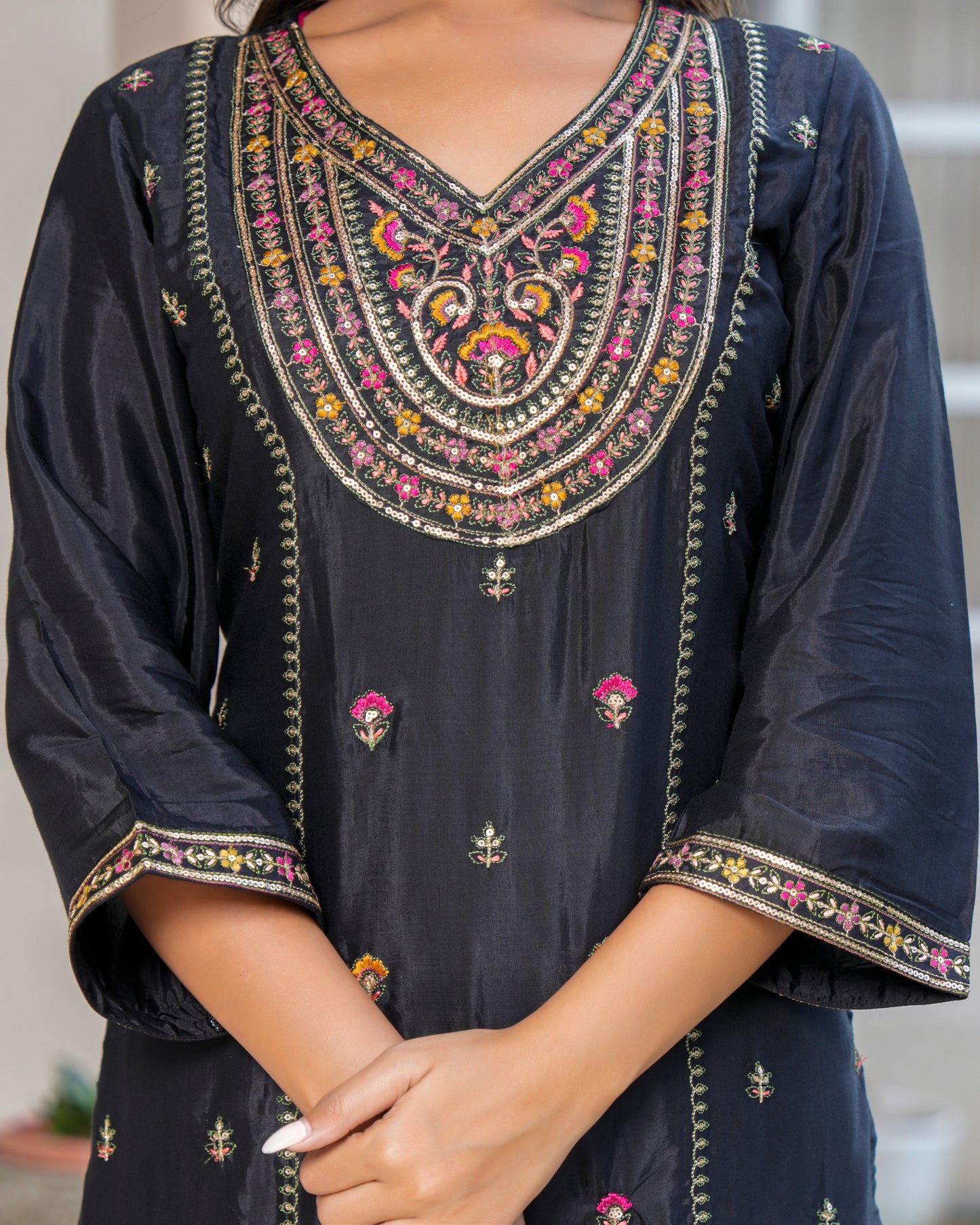 Womens Black Color Embroidery Staright Kurta Sharara With Dupatta Set
