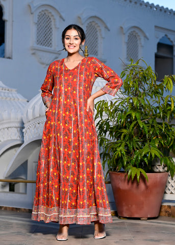 Rama's Floral Print V-Neck Pure Cotton A-Line Maxi Ethnic Dress