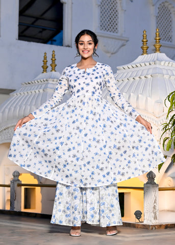 Designer women White floral printed with  embroidrey embellished  kurta , palazzo dupatta set
