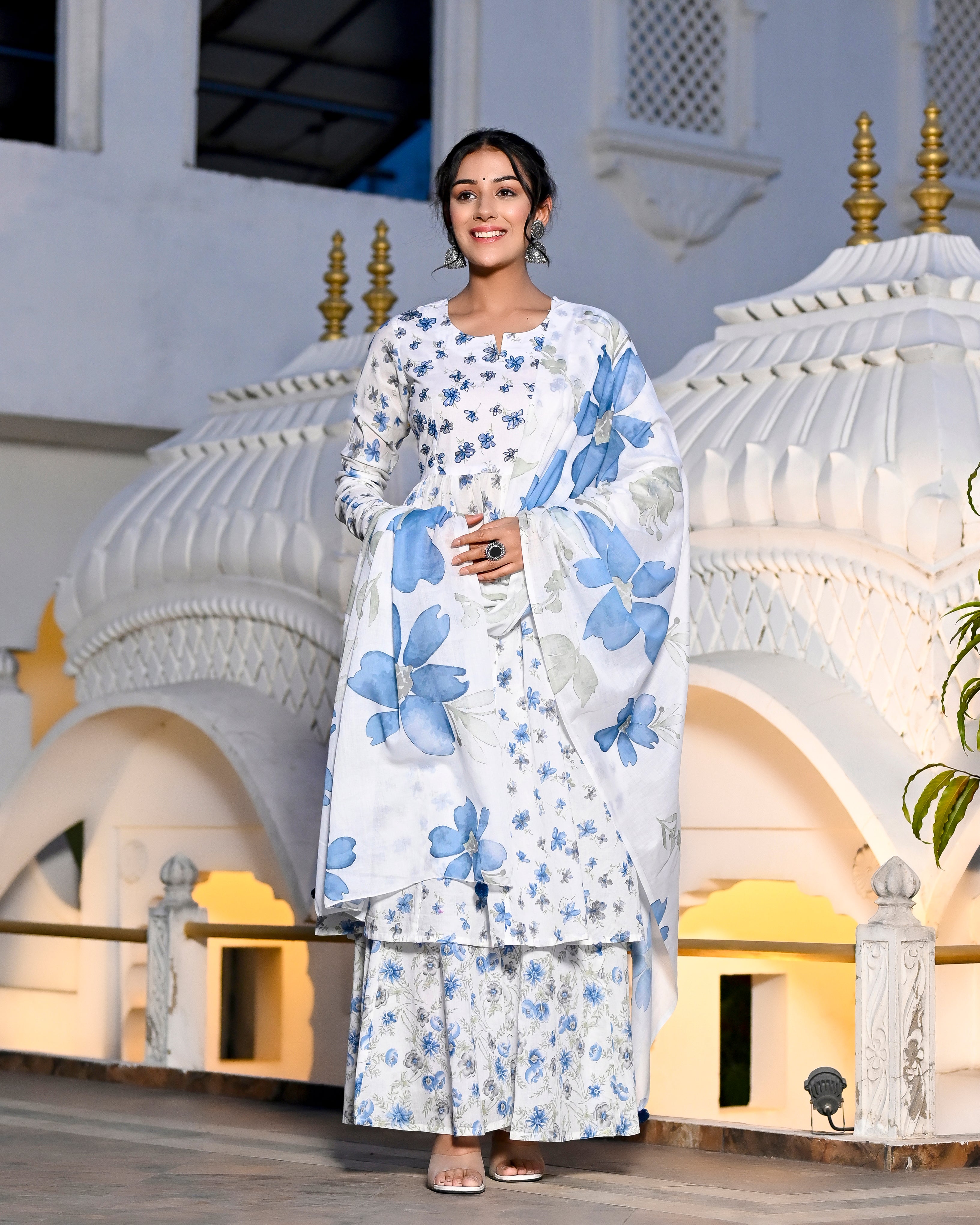 Designer women White floral printed with  embroidrey embellished  kurta , palazzo dupatta set