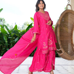 Womens Pink Color Embroidery Staright Kurta Sharara With Dupatta Set