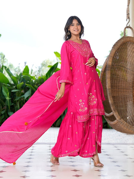 Womens Pink Color Embroidery Staright Kurta Sharara With Dupatta Set