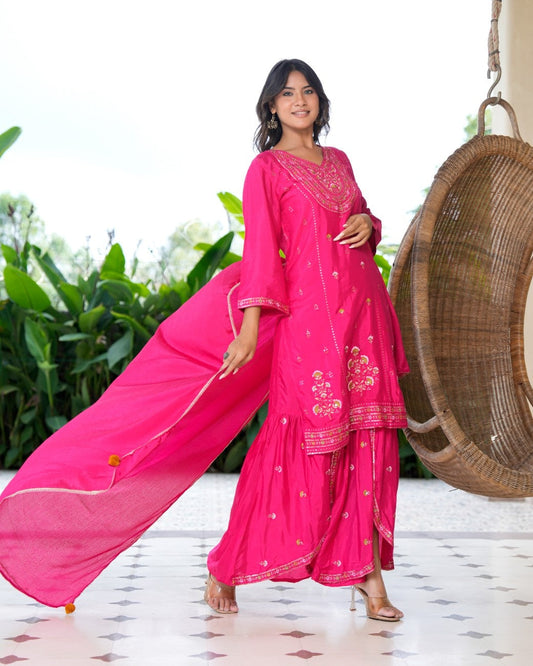 Womens Pink Color Embroidery Staright Kurta Sharara With Dupatta Set
