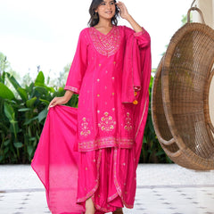 Womens Pink Color Embroidery Staright Kurta Sharara With Dupatta Set