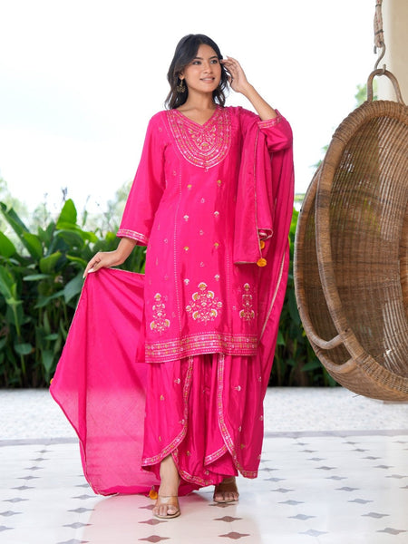 Womens Pink Color Embroidery Staright Kurta Sharara With Dupatta Set