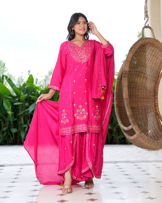Womens Pink Color Embroidery Staright Kurta Sharara With Dupatta Set