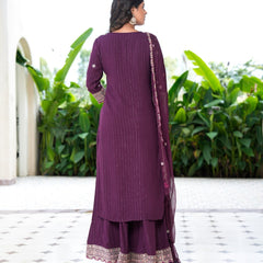 Womens Bhargundy Color Embroidery Staright Kurta Trouser With Dupatta