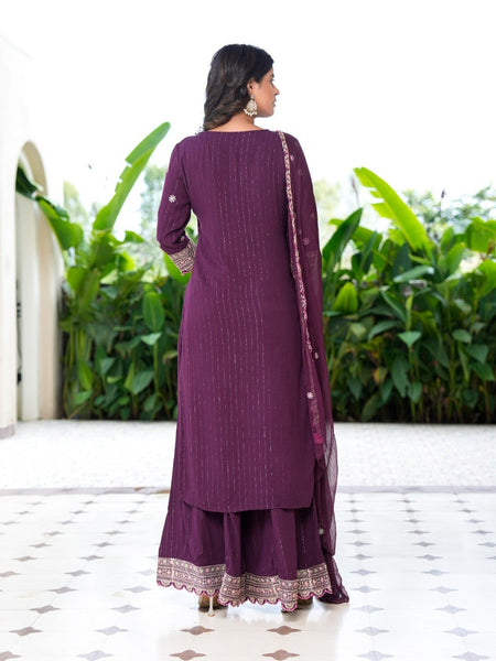 Womens Bhargundy Color Embroidery Staright Kurta Trouser With Dupatta