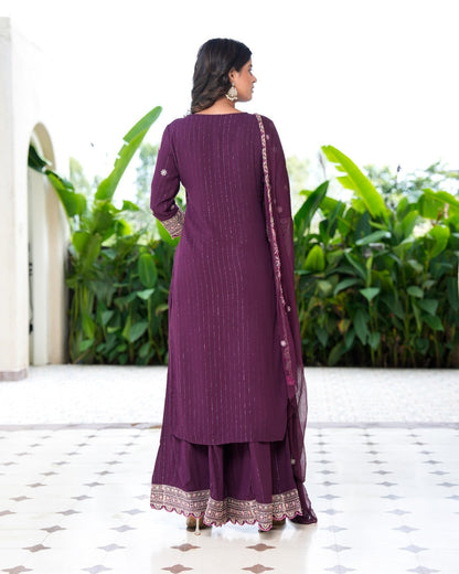 Womens Bhargundy Color Embroidery Staright Kurta Trouser With Dupatta