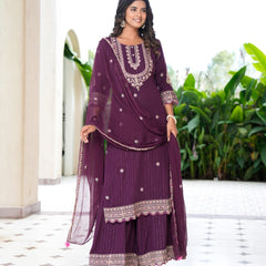 Womens Bhargundy Color Embroidery Staright Kurta Trouser With Dupatta
