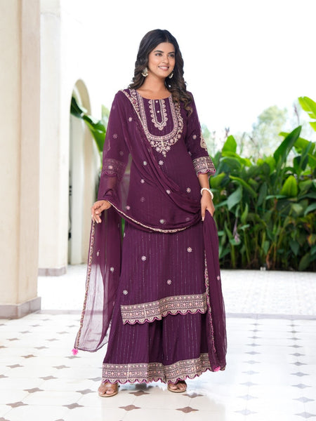 Womens Bhargundy Color Embroidery Staright Kurta Trouser With Dupatta