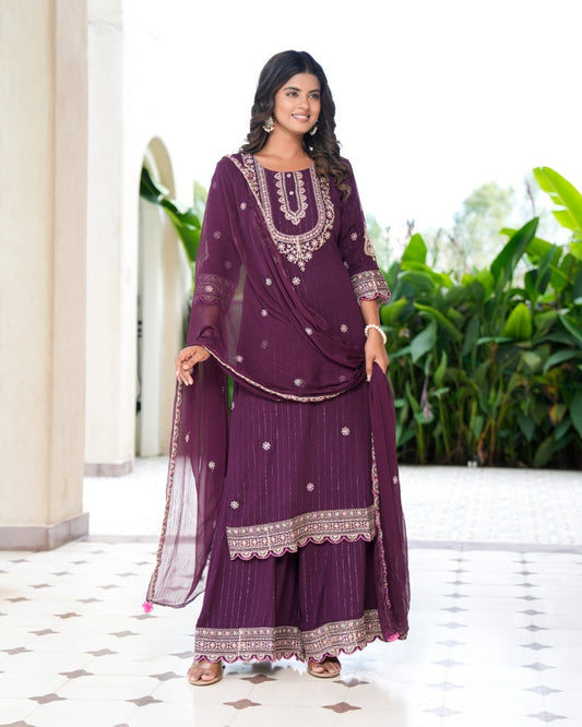 Womens Bhargundy Color Embroidery Staright Kurta Trouser With Dupatta