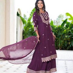 Womens Bhargundy Color Embroidery Staright Kurta Trouser With Dupatta