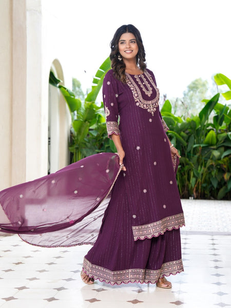 Womens Bhargundy Color Embroidery Staright Kurta Trouser With Dupatta