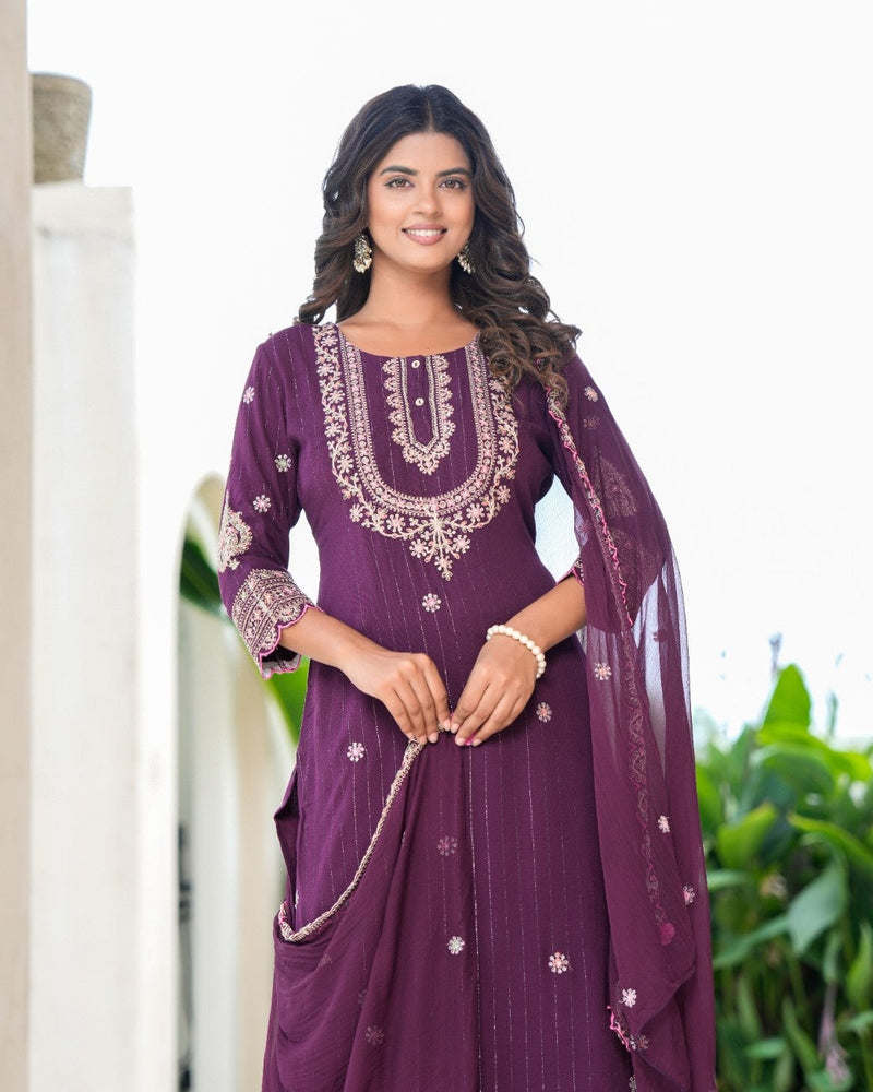 Womens Bhargundy Color Embroidery Staright Kurta Trouser With Dupatta