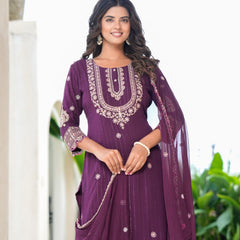 Womens Bhargundy Color Embroidery Staright Kurta Trouser With Dupatta