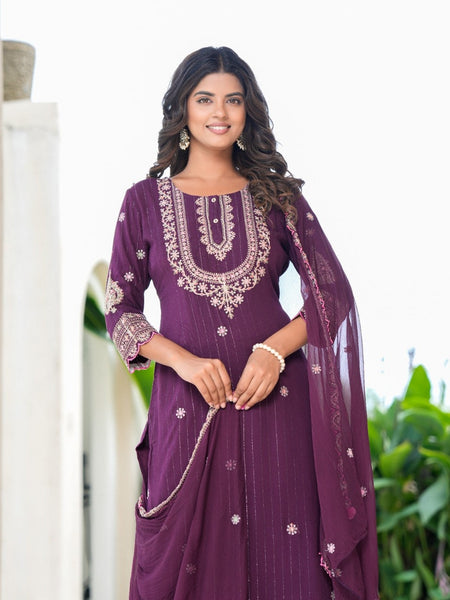 Womens Bhargundy Color Embroidery Staright Kurta Trouser With Dupatta