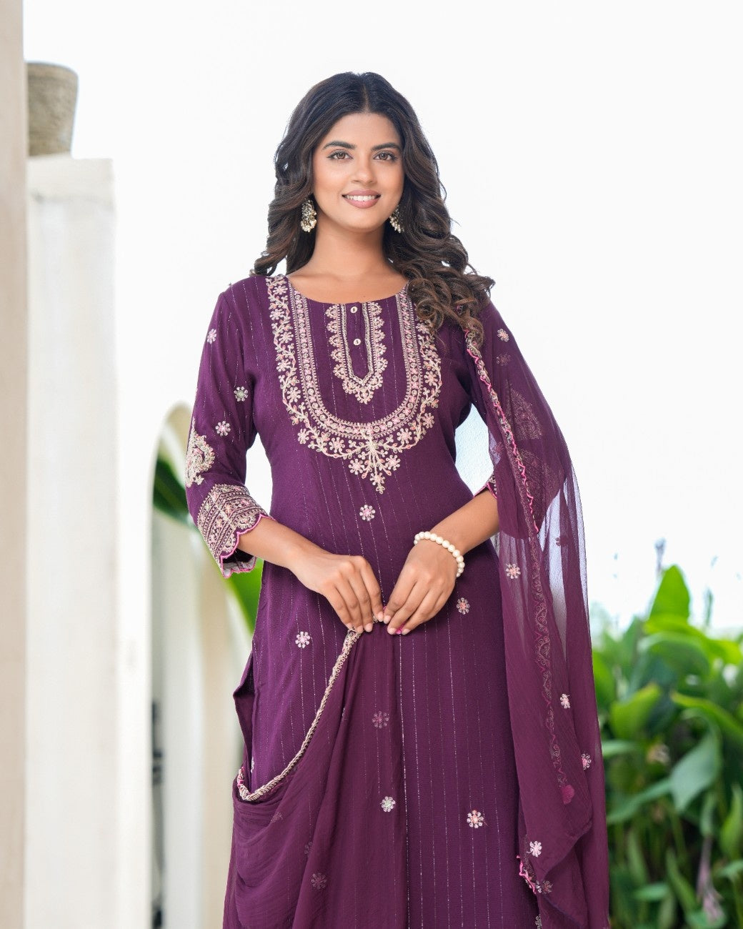 Womens Bhargundy Color Embroidery Staright Kurta Trouser With Dupatta
