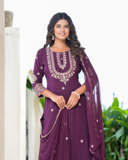 Womens Bhargundy Color Embroidery Staright Kurta Trouser With Dupatta
