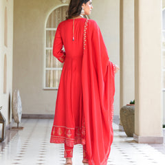Womens Red Color Embroidery Anarkali Kurta Trouser With Dupatta
