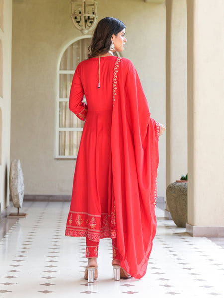 Womens Red Color Embroidery Anarkali Kurta Trouser With Dupatta