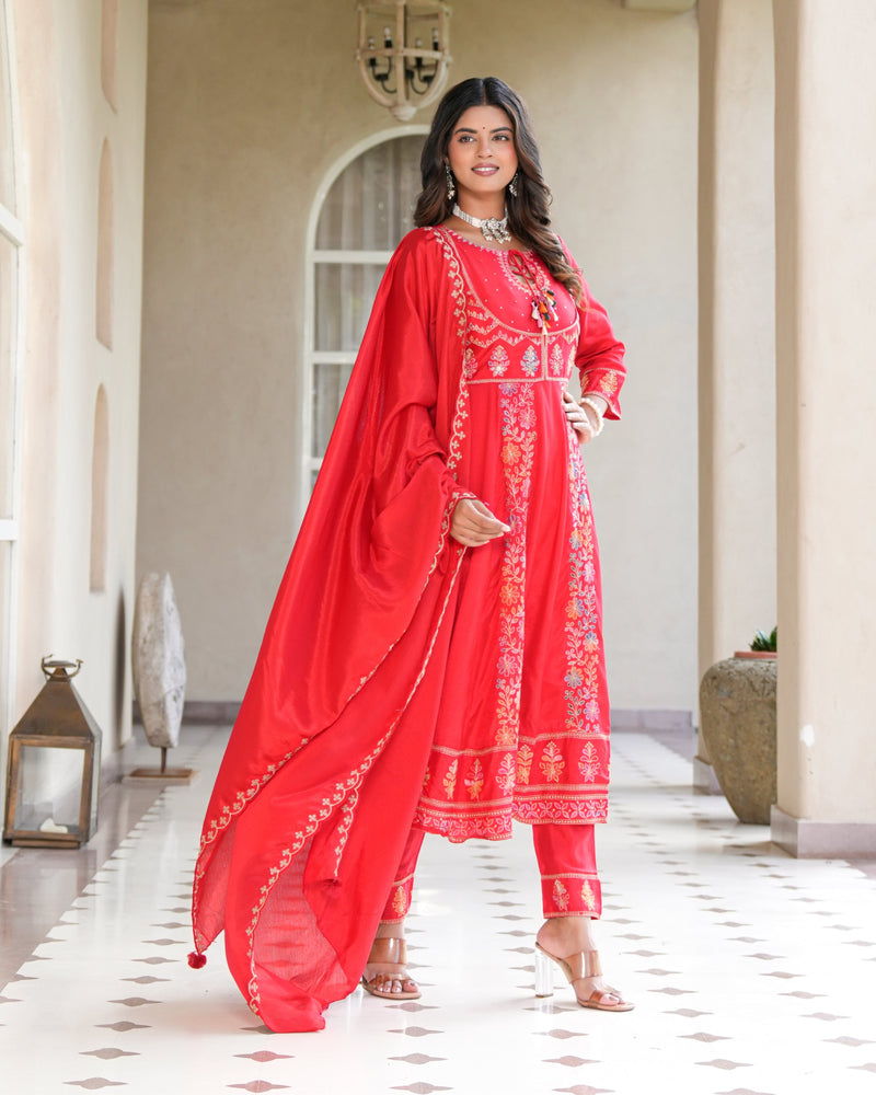 Womens Red Color Embroidery Anarkali Kurta Trouser With Dupatta