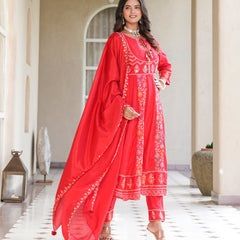 Womens Red Color Embroidery Anarkali Kurta Trouser With Dupatta