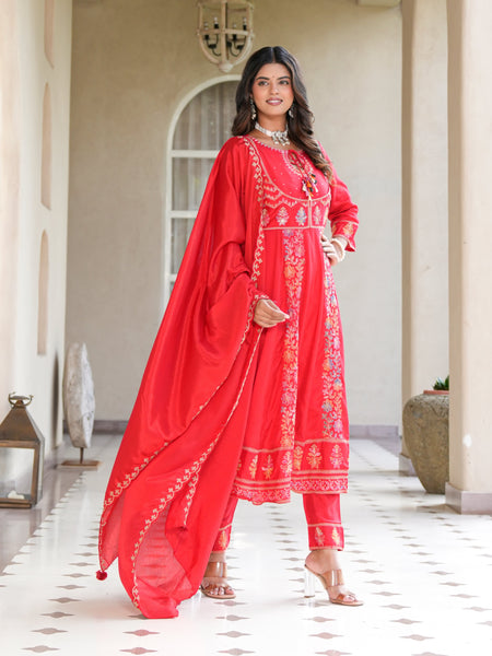 Womens Red Color Embroidery Anarkali Kurta Trouser With Dupatta