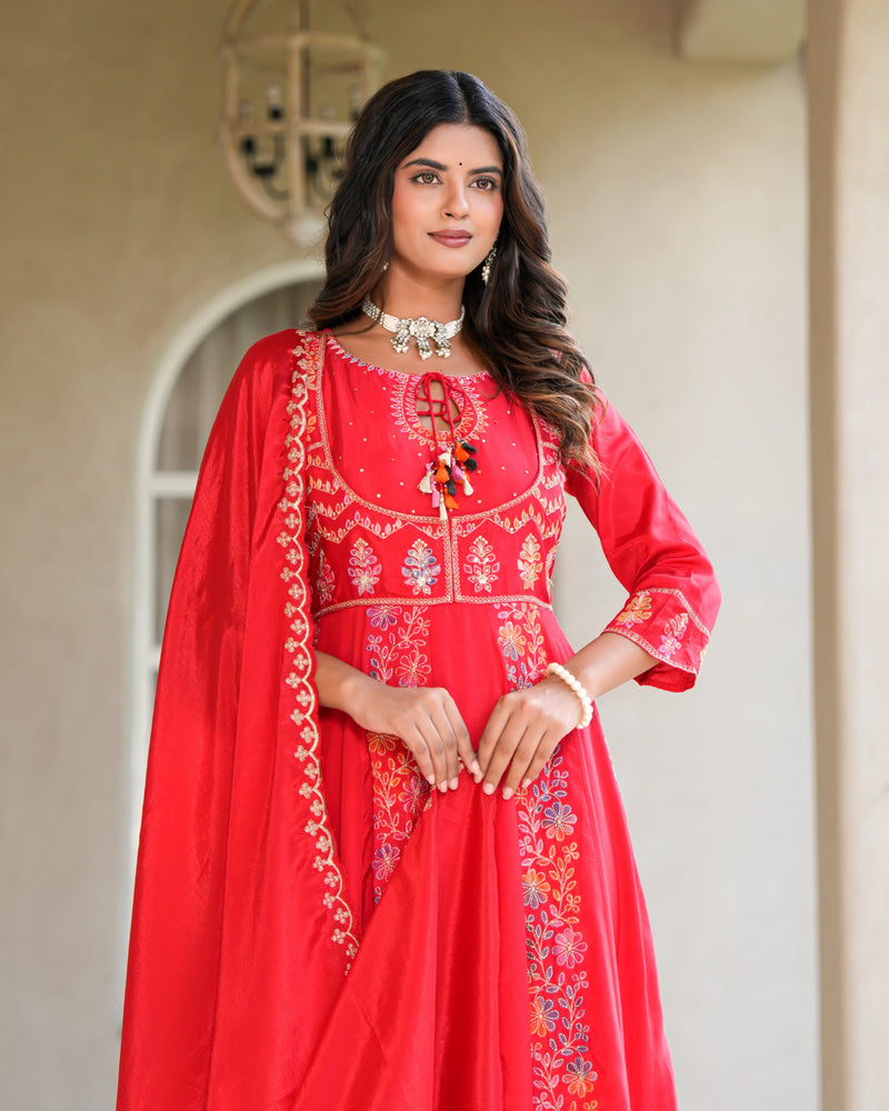 Womens Red Color Embroidery Anarkali Kurta Trouser With Dupatta