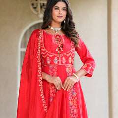Womens Red Color Embroidery Anarkali Kurta Trouser With Dupatta
