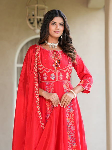 Womens Red Color Embroidery Anarkali Kurta Trouser With Dupatta