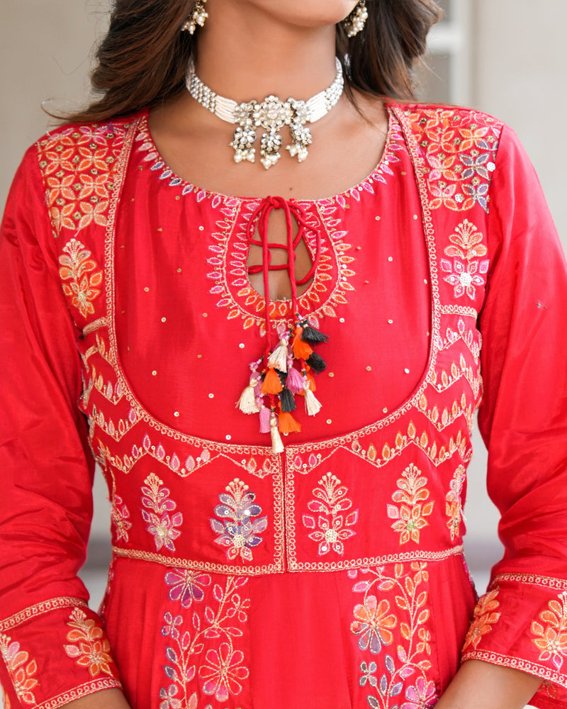 Womens Red Color Embroidery Anarkali Kurta Trouser With Dupatta