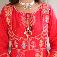 Womens Red Color Embroidery Anarkali Kurta Trouser With Dupatta