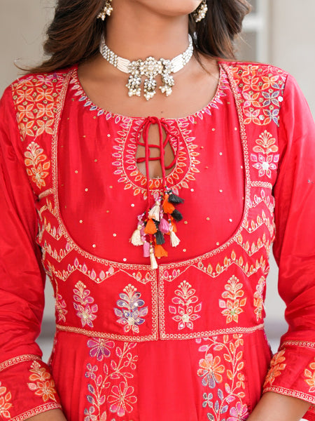 Womens Red Color Embroidery Anarkali Kurta Trouser With Dupatta