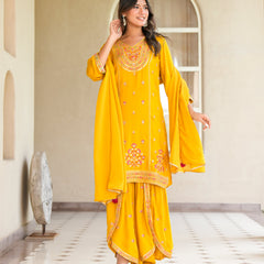 Womens Musterd Color Embroidery Staright Kurta Sharara With Dupatta Set