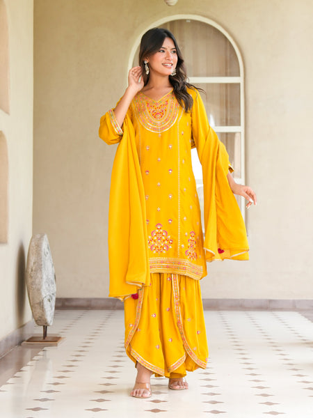 Womens Musterd Color Embroidery Staright Kurta Sharara With Dupatta Set