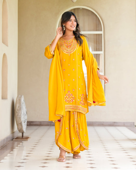 Womens Musterd Color Embroidery Staright Kurta Sharara With Dupatta Set